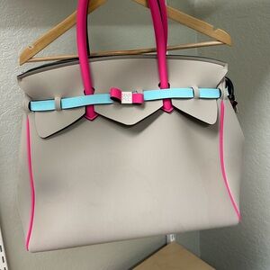 Chic Beige Tote with Pink and Blue Accents